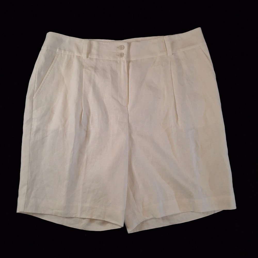 Talbots Womens Size 16 White 100% Linen Pleated Shorts High Rise Lined